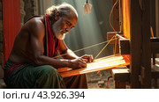 Traditional Indian weaver crafting on handloom in village settingries. Стоковое AI-изображение, AI-художник Анна Маркина / Фотобанк Лори