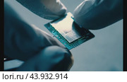 Expert technician carefully handling microchip in modern lab. Стоковое видео, видеограф Данил Руденко / Фотобанк Лори