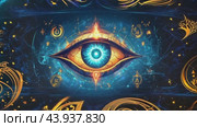 Mystical eye watching over sacred geometry symbols and arcane script. Стоковое AI-видео, аниматор Юрий Поздников / Фотобанк Лори