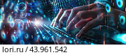 The human hand on the keyboard in the cloud of information data. The concept of modern technologies. Стоковое AI-изображение, AI-художник Ярославский Максим / Фотобанк Лори