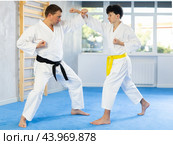 Underage boy and middle-aged man performing karate techniques in pair. Стоковое фото, фотограф Яков Филимонов / Фотобанк Лори
