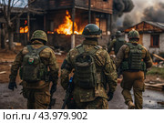 War. Military actions. Soldiers of the elite anti-terrorist unit of the army among the broken buildings. Clearing the territory from the enemy. Стоковое AI-изображение, AI-художник Photojuli / Фотобанк Лори