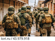War. Military actions. Soldiers of the elite anti-terrorist unit of the army among the broken buildings. Clearing the territory from the enemy. Стоковое AI-изображение, AI-художник Photojuli / Фотобанк Лори