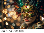 The Venetian Carnival. Close-up of a woman in an ornate carnival mask. Bright colors convey an atmosphere of celebration and luxury. Стоковое AI-изображение, AI-художник Photojuli / Фотобанк Лори