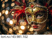 The Venetian Carnival. Close-up of a woman in an ornate carnival mask. Bright colors convey an atmosphere of celebration and luxury. Стоковое AI-изображение, AI-художник Photojuli / Фотобанк Лори