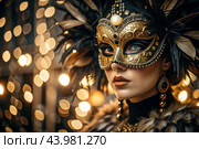 The Venetian Carnival. Close-up of a woman in an ornate carnival mask. Bright colors convey an atmosphere of celebration and luxury. Стоковое AI-изображение, AI-художник Photojuli / Фотобанк Лори