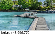 A curving concrete footpath crosses a swimming pool with clear turquoise water. On the shore, among the lush tropical vegetation, the roofs of gazebos are visible. Philippines. Cebu. Стоковое фото, фотограф Вера Ивановна Кубарева / Фотобанк Лори