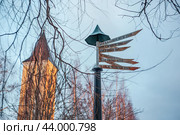 Directional road signs against tree branches and blue sky. Rusty metal arrows on the signpost. Old style image. Стоковое фото, фотограф Евгений Тарасенко / Фотобанк Лори