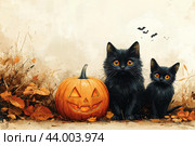 Тыква, черные кошки и летучие мыши. Открытка к празднику Хэллоуин. Стоковое AI-изображение, AI-художник Щеголева Ольга / Фотобанк Лори