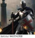 A crusader knight in a cloak and armor. Стоковое AI-изображение, AI-художник RamA / Фотобанк Лори