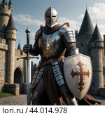 Knight in armor on the background of the castle. Стоковое AI-изображение, AI-художник RamA / Фотобанк Лори