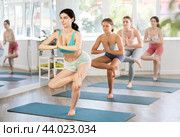 Young woman performing Eka Pada Utkatasana at group yoga training. Стоковое фото, фотограф Яков Филимонов / Фотобанк Лори