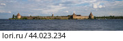 Schlisselburg Fortress, Noteburg or Oreshek Fortress at the source of the Neva River on Lake Ladoga. Panoramic shooting,Banner (2022 год). Стоковое фото, фотограф Регина Ерофеева / Фотобанк Лори