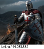 A knight in a cloak and armor. Стоковое AI-изображение, AI-художник RamA / Фотобанк Лори