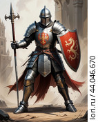 A knight in armor, with a spear and a shield. Стоковое AI-изображение, AI-художник RamA / Фотобанк Лори