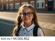 Portrait of a happy Caucasian schoolgirl child with glasses On the street of the city in the sunlight. Back to school, correction of pupil eyesight. AI generated. Стоковое AI-изображение, AI-художник Ольга Симонова / Фотобанк Лори