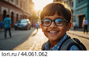 Portrait of a happy indian schoolboy child with glasses On the street of the city in the sunlight. Back to school, correction of pupil eyesight. AI generated. Стоковое AI-изображение, AI-художник Ольга Симонова / Фотобанк Лори