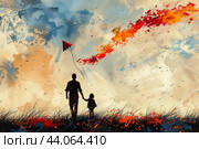 Отец с маленькой дочкой запускают воздушного змея. Место для текста. Стиль винтажной поздравительной открытки. День отца, День рождения папы. День защиты детей. Воспоминания детства. Благодарность родителям. Стоковое AI-изображение, AI-художник Юлия Ильина / Фотобанк Лори