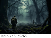 Formidable Soldier battlefield forest. Generate Ai. Стоковое AI-изображение, AI-художник Иван Рябоконь / Фотобанк Лори