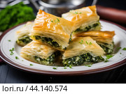 Traditional Spanakopita greek pastry. Generate Ai. Стоковое AI-изображение, AI-художник Иван Рябоконь / Фотобанк Лори
