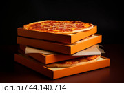 Multilayered Stack orange pizza boxes carton. Generate Ai. Стоковое AI-изображение, AI-художник Иван Рябоконь / Фотобанк Лори