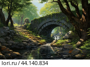 Ancient Stone bridge scene in forest. Generate ai. Стоковое AI-изображение, AI-художник Иван Рябоконь / Фотобанк Лори