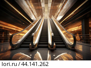 Modern escalators in a contemporary office lobby. Стоковое AI-изображение, AI-художник Иван Рябоконь / Фотобанк Лори