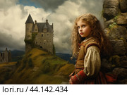 Striking Scot girl scottish castle. Generate Ai. Стоковое AI-изображение, AI-художник Иван Рябоконь / Фотобанк Лори