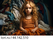 Serene child amidst vintage garments. Стоковое AI-изображение, AI-художник Иван Рябоконь / Фотобанк Лори