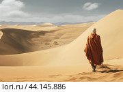 Lone wanderer in vast desert dunes. Стоковое AI-изображение, AI-художник Иван Рябоконь / Фотобанк Лори