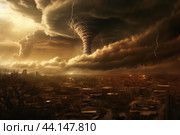Destructive City tornado vortex. Generate ai. Стоковое AI-изображение, AI-художник Иван Рябоконь / Фотобанк Лори