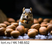 A squirrel is gnawing nuts. August 29 - Nut Savior. Nut Savior has several names. One of them is the Savior Not Made by Hands. Biblical tradition says that after sleeping, Jesus Christ washed his face and wiped it with a towel. Стоковое AI-изображение, AI-художник Сергей Елизарьев / Фотобанк Лори