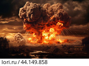 Dramatic fiery explosion with mushroom cloud over devastated landscape at sunset. Стоковое AI-изображение, AI-художник Иван Рябоконь / Фотобанк Лори