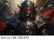 Daunting warlord in battle armor. Стоковое AI-изображение, AI-художник Иван Рябоконь / Фотобанк Лори