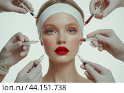 Biorevitalization. Beautiful woman getting beauty injections with hyaluronic acid for smoothing of face mimic wrinkles. Anti-aging procedure. Стоковое фото, фотограф Ирина Ручушкина / Фотобанк Лори