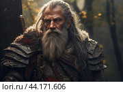 Majestic medieval warrior in autumn forest. Стоковое AI-изображение, AI-художник Иван Рябоконь / Фотобанк Лори