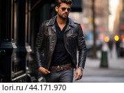 Stylish man in leather jacket walking city street. Стоковое AI-изображение, AI-художник Иван Рябоконь / Фотобанк Лори