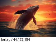 Majestic whale breaching at sunset. Стоковое AI-изображение, AI-художник Иван Рябоконь / Фотобанк Лори