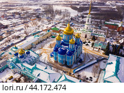 Aerial view of the Nativity-Bogoroditsky monastery surrounded by residential buildings in Zadonsk. Стоковое фото, фотограф Яков Филимонов / Фотобанк Лори