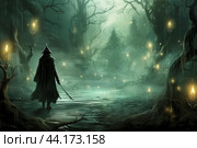 Mystical forest wanderer at twilight. Стоковое AI-изображение, AI-художник Иван Рябоконь / Фотобанк Лори