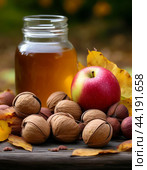 Honey, nuts and apples. Every year in August, Orthodox celebrate Honey (14), Apple (19) and Nut Savior (29) Стоковое AI-изображение, AI-художник Сергей Елизарьев / Фотобанк Лори