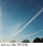Chemtrail conspiracy theory. Long-lasting condensation trails left in sky by high-flying aircraft are actually chemtrails consisting of chemical or biological agents, sprayed for nefarious purposes. Стоковое AI-изображение, AI-художник Юлия Петровская / Фотобанк Лори