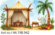 Illustration on Sukkot or Feast of Tabernacles, symbols of the Jewish holiday in watercolor style. Sukkah is a temporary dwelling built for the Sukkot holiday, symbolizing the protection and temporality of earthly existence. Стоковое AI-изображение, AI-художник Анна Маркина / Фотобанк Лори