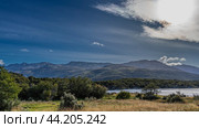 Beautiful autumn landscape of Patagonia. Yellow grass in the meadow. A green forest on the shore of a calm lake. Picturesque mountains against a blue sky and clouds. Argentina. Tierra del Fuego. Стоковое фото, фотограф Вера Ивановна Кубарева / Фотобанк Лори