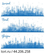 Outline Glasgow Scotland, Liverpool and Basel Switzerland Skylines with Blue Buildings. Стоковая иллюстрация, иллюстратор Игорь Сорокин / Фотобанк Лори