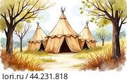 Illustration on Sukkot or Feast of Tabernacles, symbols of the Jewish holiday in watercolor style. Sukkah is a temporary dwelling built for the Sukkot holiday, symbolizing the protection and temporality of earthly existence. Стоковое фото, фотограф Анна Маркина / Фотобанк Лори