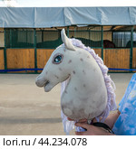 A horse's head on a hobby horsing stick in a child's hand. Стоковое фото, фотограф Галина Эмберг / Фотобанк Лори