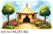 Illustration on Sukkot or Feast of Tabernacles, symbols of the Jewish holiday in watercolor style. Sukkah is a temporary dwelling built for the Sukkot holiday, symbolizing the protection and temporality of earthly existence. Стоковое AI-изображение, AI-художник Анна Маркина / Фотобанк Лори