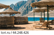 beach umbrellas and wooden lounge chairs on the sand of the beach against the backdrop of the sea and high rocky mountains in Egypt. Стоковое фото, фотограф Артем Курутин / Фотобанк Лори