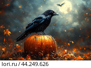 Черный ворон сидит на большой тыкве в лунную осеннюю ночь. Открытка к празднику Хэллоуин. Стоковое AI-изображение, AI-художник Щеголева Ольга / Фотобанк Лори